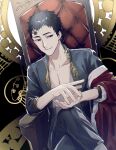  1boy absurdres black_clover black_hair black_pants black_shirt clapping crossed_legs facial_mark forehead_mark gen_me highres lucius_zogratis open_clothes open_shirt pants red_eyes shirt sitting smile solo throne 
