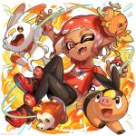  1boy arm_up artist_name bird black_pants chick commentary_request dark-skinned_male dark_skin fangs fire fuecoco full_body hand_up high_tops highres holding holding_poke_ball iria_(yumeirokingyo) looking_at_viewer male_focus octoling octoling_boy one_eye_closed open_mouth pants pig poke_ball poke_ball_(basic) pokemon pokemon_(creature) print_shirt rabbit red_eyes red_footwear red_shirt redhead scorbunny shirt shoes short_hair short_sleeves smile sneakers splatoon_(series) splatoon_3 t-shirt teeth tentacle_hair tepig tongue torchic twitter_username white_background 