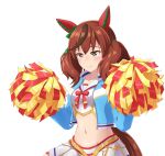  alternate_costume animal_ears blush brown_eyes cheerleader commentary_request groin highres horse_ears horse_girl horse_tail jacket midriff navel nice_nature_(run&amp;win)_(umamusume) nice_nature_(umamusume) pom_pom_(cheerleading) redhead shiodanx smile sweat tail umamusume white_background 