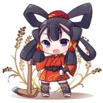  1girl :d bangs black_eyes black_hair blush brown_footwear chibi commentary_request full_body hair_rings highres hoe holding japanese_clothes kimono long_sleeves looking_at_viewer red_kimono rensei sakuna-hime smile solo standing tensui_no_sakuna-hime waraji white_background wide_sleeves 