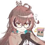  1girl ? ahoge bangs bespectacled book book_stack brown_capelet brown_cloak brown_hair capelet cloak feather_hair_ornament feathers friend_(nanashi_mumei) glasses hair_ornament hairclip highres hololive hololive_english koyoinacho long_hair multicolored_hair nanashi_mumei ponytail ribbon round_eyewear smile streaked_hair very_long_hair virtual_youtuber yellow_eyes 
