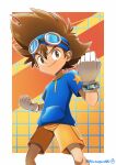  1boy absurdres bangs blue_headband blue_shirt border brown_eyes brown_hair closed_mouth commentary_request digimon digimon_adventure:_(2020) glint gloves goggles goggles_on_head hair_between_eyes hand_up headband highres looking_at_viewer male_focus orange_background orange_shorts outside_border print_shirt shirt short_sleeves shorts signature smile solo spiky_hair standing star_(symbol) star_print t-shirt twitter_username watagashikn white_border white_gloves yagami_taichi 