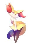  1girl absurdres animal_ear_fluff animal_ears animal_feet animal_hands animal_nose artist_name b-epon between_legs black_fur blush body_fur braixen dated fangs flat_chest fox_ears fox_girl fox_tail full_body fur_collar furry furry_female hand_between_legs hand_up happy heart heart_in_eye highres looking_up multicolored_fur open_mouth pokemon pokemon_(creature) red_eyes signature simple_background skin_fangs smile snout solo standing symbol_in_eye tail white_background white_fur yellow_fur 