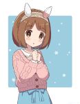  1girl animal_ears blue_background blue_skirt blush braid brown_eyes brown_hair clenched_hands ear_covers horse_ears horse_girl hotori_(tdkbank) looking_at_viewer own_hands_together pink_sweater short_hair skirt snowflakes solo standing sweater tail umamusume yukino_bijin_(umamusume) 