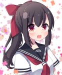  1girl :d bangs black_hair black_sailor_collar blush bow breasts commentary_request floral_background hair_between_eyes hair_bow highres long_hair looking_at_viewer neckerchief original ponytail red_bow red_eyes red_neckerchief rensei sailor_collar school_uniform serafuku shirt short_sleeves simple_background small_breasts smile solo upper_body white_background white_shirt 