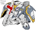 absurdres commentary_request gundam gundam_deathscythe gundam_wing highres holding mecha mobile_suit no_humans partial_commentary redesign robot science_fiction sd_gundam sketch solo v-fin violet_eyes waishou_(fusuma) white_background 