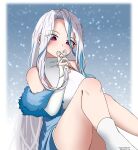  1girl absurdres acetylcholine breasts highres large_breasts light_blue_background long_hair looking_at_viewer snow socks thick_thighs thighs white_hair white_socks 