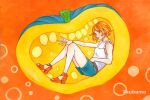  1girl artist_name blue_eyes blue_shorts breasts full_body gourd highres open_mouth orange_background orange_hair original red_footwear red_nails shirt short_shorts shorts sitting small_breasts solo toeless_footwear traditional_media white_shirt wristband yamatotsubame 