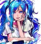  1girl artist_request bangs blue_eyes blue_hair blush character_request copyright_request hair_between_eyes long_hair nail_polish non-web_source shirt source_request t-shirt twintails upper_body white_background 