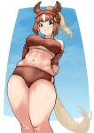 1girl abs animal_ears bare_shoulders brown_buruma brown_eyes brown_sleeves brown_sports_bra buruma chestnut_thoroughbred_(kemono_friends) commentary cowboy_shot detached_sleeves from_below hatch_(hatch_box) headgear horse_ears horse_girl horse_tail kemono_friends light_brown_hair looking_at_viewer midriff multicolored_hair navel ponytail smile solo sports_bra sportswear tail two-tone_hair white_hair 