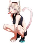  1girl animal_ears backless_outfit black_hairband blonde_hair breasts cat_ears cat_tail character_request copyright_request full_body hairband highres medium_hair mouth_hold pink_eyes pink_nails shoes small_breasts sneakers solo squatting tail tama_(tamago) 
