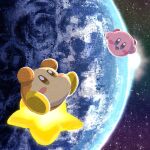  :d arms_up blue_eyes blush blush_stickers brown_eyes commentary earth_(planet) floating highres kirby kirby_(series) looking_at_viewer miclot no_humans open_mouth planet red_footwear shoes smile space star_(sky) star_(symbol) sun symbol-only_commentary waddle_dee warp_star yellow_footwear 