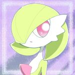  1girl bangs bob_cut border colored_skin commentary_request flat_chest gardevoir green_hair green_skin hair_over_one_eye highres looking_to_the_side multicolored_skin one_eye_covered open_mouth outside_border pokemon pokemon_(creature) portrait purple_background red_eyes short_hair solo two-tone_skin white_border white_skin yuri_(pixiv_76483886) 