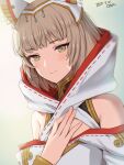  1girl animal_ear_fluff animal_ears artist_name bare_shoulders blush brown_eyes brown_hair cat_ears closed_mouth dated facial_mark hand_on_own_chest highres hood hood_down looking_at_viewer nia_(xenoblade) oyasu_(kinakoyamamori) ribbon_trim smile solo tiara upper_body whisker_markings xenoblade_chronicles_(series) xenoblade_chronicles_3 