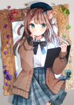  1girl animal_ears bangs blue_eyes brown_hair cardigan cat_ears extra_ears gloves hat heripiro highres holding holding_stylus long_hair looking_at_viewer open_cardigan open_clothes original partially_fingerless_gloves pleated_skirt skirt solo stylus 