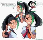  1girl absurdres black_hair blush breasts chibi collared_shirt dark_skin english_text fingerless_gloves freckles gloves green_hair hair_pulled_back highres long_hair looking_at_viewer mag_(magdraws) multicolored_hair multiple_views naranja_academy_uniform necktie nemona_(pokemon) open_mouth orange_eyes orange_necktie own_hands_together pokemon pokemon_(game) pokemon_sv ponytail shirt short_sleeves single_glove smile solo speech_bubble streaked_hair white_shirt 