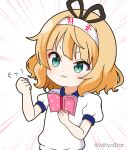  1girl :3 bangs black_ribbon blonde_hair blush clenched_hand closed_mouth commentary_request emphasis_lines gochuumon_wa_usagi_desu_ka? green_eyes gym_shirt hairband hands_up holding mitya puffy_short_sleeves puffy_sleeves ribbon shirt short_sleeves simple_background solo translation_request twitter_username upper_body white_background white_hairband white_shirt 