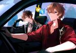  2boys aelous ahoge antenna_hair arms_up bangs black_gloves black_jacket blue_eyes blue_sky brown_hair brown_vest building buttons car city closed_mouth clouds cloudy_sky collarbone collared_jacket collared_shirt crystal crystal_earrings earrings genshin_impact gloves gradient gradient_hair ground_vehicle hair_between_eyes hand_on_own_face hand_up handlebar hands_up highres jacket jewelry long_hair long_sleeves looking_at_another looking_at_viewer male_focus motor_vehicle multicolored_hair multiple_boys no_headwear open_clothes open_jacket orange_hair pink_shirt ponytail red_shirt shirt short_hair sidelocks single_earring sitting sky skyscraper sleeves_rolled_up smile tartaglia_(genshin_impact) tassel tassel_earrings vest vision_(genshin_impact) wing_collar yellow_eyes zhongli_(genshin_impact) 