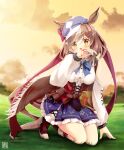 1girl amane_sou animal_ears beret blood blush breasts brown_hair commentary_request covering_mouth grass hat highres horse_ears horse_girl horse_tail kneeling looking_at_viewer matikane_tannhauser_(umamusume) medium_breasts nosebleed sky solo tail umamusume yellow_eyes 