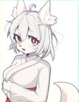  1girl :3 animal_ear_fluff animal_ears animal_nose bangs body_fur breasts bright_pupils chatora_(0-furry-beast-0) fang fox_ears fox_girl fox_tail furry furry_female japanese_clothes kimono looking_at_viewer medium_breasts miko open_mouth original red_eyes short_hair solo tail white_background white_fur white_hair white_kimono white_pupils 