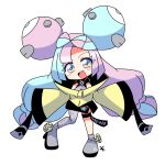 bow-shaped_hair character_hair_ornament chibi grey_pantyhose hair_ornament hexagon_print iono_(pokemon) jacket long_hair low-tied_long_hair multicolored_hair oversized_clothes pantyhose pokemon pokemon_(game) pokemon_sv sharp_teeth sleeves_past_fingers sleeves_past_wrists soboro_(jitome_dan) split-color_hair teeth twintails very_long_sleeves x yellow_jacket