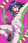 1boy :d arm_up bangs black_hair buttons checkered_clothes checkered_scarf danganronpa_(series) danganronpa_v3:_killing_harmony double-breasted green_background grey_pants hair_between_eyes hand_up highres jacket long_sleeves looking_at_viewer male_focus multicolored_background open_mouth ouma_kokichi pants pink_background scarf shiny shiny_hair shoes short_hair smile solo teeth upper_teeth urami0310 violet_eyes 