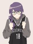  1girl alternate_costume bangs basketball_jersey black-framed_eyewear brooklyn_nets clenched_hands closed_mouth clothes_writing drawstring ganbaru_pose glasses green_eyes grey_background grey_hoodie hair_over_shoulder hands_up highres hood hood_down hoodie hoshimi_junna long_hair long_sleeves looking_at_viewer puffy_long_sleeves puffy_sleeves purple_hair shiratama_(hockey) shoujo_kageki_revue_starlight solo sweatdrop swept_bangs upper_body v-shaped_eyebrows 