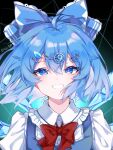  1girl blue_bow blue_dress blue_eyes blue_hair bow cirno collared_shirt dress fairy grin hair_between_eyes hair_bow hair_ornament hairclip highres ice ice_wings looking_at_viewer portrait ringo_no_usagi_(artist) shirt short_hair short_sleeves signature smile solo symbol-shaped_pupils touhou white_shirt wings 