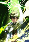  1boy absurdres black_clover blue_cape cape capelet fur-trimmed_capelet fur_trim glowing glowing_hand glowing_weapon green_eyes green_hair halo hayato_moonskeb highres holding holding_sword holding_weapon looking_at_viewer magic solo sword uniform weapon wind yellow_capelet yuno_(black_clover) 