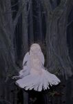  1girl absurdres angel angel_wings berry closed_eyes dress feathered_wings forest halo hidari_(nanmu-left) highres leaf long_hair nature original outdoors partially_submerged procreate_(medium) scenery sitting sleeping solo tree very_long_hair white_dress white_hair wings 