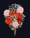  baby&#039;s-breath black_background bouquet camellia commentary commission english_commentary flower highres leaf libbyframe no_humans original pink_flower plant red_flower red_rose rose signature simple_background still_life white_flower 