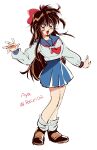  1990s_(style) 1girl :d absurdres artist_name bangs blue_sailor_collar blue_skirt bow brown_eyes brown_footwear brown_hair full_body hair_between_eyes hair_bow highres long_hair looking_at_viewer neckerchief open_hand open_mouth original potiri02 red_bow red_neckerchief retro_artstyle sailor_collar school_uniform serafuku shirt shoes sketch skirt smile socks solo twitter_username very_long_hair white_background white_shirt white_socks 