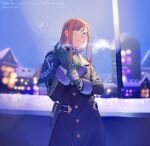  1boy blue_coat blue_gloves brown_hair city_lights coat crescent_moon glasses gloves hand_up high_collar highres jade_curtiss long_hair moon outdoors red_eyes solo steam tales_of_(series) tales_of_the_abyss umihara_unt winter_clothes 