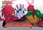  2boys anger_vein angry annoyed arm_wrestling arsworlds clenched_teeth commentary crossover fangs furious furry furry_male glaring gloves highres holding_hands knuckles_the_echidna male_focus mask multiple_boys ninja raphael_(tmnt) sonic_(series) spikes steaming_body sweat table tail teenage_mutant_ninja_turtles teeth turtle v-shaped_eyebrows violet_eyes white_gloves 