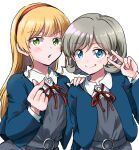  2girls :o :p bangs blonde_hair blue_eyes blue_jacket closed_mouth collared_shirt commentary dress flipped_hair green_eyes grey_dress grey_hair hand_on_another&#039;s_shoulder hand_up heanna_sumire jacket long_hair looking_at_viewer love_live! love_live!_superstar!! medium_hair multiple_girls neck_ribbon o-ring open_mouth pinafore_dress red_ribbon ribbon school_uniform shirt sidelocks simple_background tang_keke tongue tongue_out unya v white_background winter_uniform yuigaoka_school_uniform 