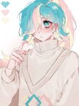  androgynous blue_eyes blue_hair blush gender_request haeb hair_over_one_eye high_ponytail highres korean_commentary long_hair long_sleeves multicolored_hair one_eye_covered open_mouth original pink_hair pink_sweater solo sweater white_background 