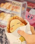  1other bag bakery blue_eyes blush blush_stickers chef_hat closed_mouth commentary_request croquette display_case food foodification hat highres holding holding_food kirby kirby_(series) looking_at_viewer miclot pastry pov pov_hands price_tag shelf shop smile star_(symbol) waddle_dee white_headwear 