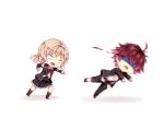  1boy 1girl ahoge angry black_thighhighs blank_eyes blazer blonde_hair bow bowtie button_up_skirt chibi clenched_hands diabolik_lovers flower hair_flower hair_ornament jacket komori_yui layered_skirt loose_necktie motion_blur necktie open_mouth pants pants_rolled_up partially_unbuttoned punching red_bow red_bowtie red_necktie redhead sakamaki_ayato school_uniform shaded_face skirt sleeve_cuffs tamagoyaki_(megane-daisuki) thigh-highs wavy_hair white_background 