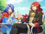  2boys absurdres arvis_(fire_emblem) betabetamaru biscuit_(bread) blue_eyes blue_hair crossover cup fire_emblem fire_emblem:_genealogy_of_the_holy_war highres holding holding_cup long_hair multiple_boys open_mouth red_eyes redhead scone sitting smile tea_party tea_set 