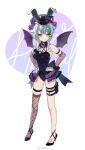  1girl animal_ears back_bow belt_pouch black_bridal_gauntlets black_collar black_footwear black_gloves black_leotard bow breasts bsapricot_(vtuber) collar demon_horns demon_wings elbow_gloves fishnet_thighhighs fishnets full_body gloves green_hair grey_hair grin hands_on_hips hat heart heart_background high_heels highres horn_piercing horns leotard looking_at_viewer miebao mini_hat mini_top_hat multicolored_hair multiple_straps playboy_bunny pointy_ears pouch purple_horns rabbit_ears short_hair_with_long_locks single_thighhigh smile solo standing teeth thigh-highs thighlet top_hat two-tone_hair virtual_youtuber vshojo white_background wings 