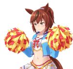  alternate_costume alternate_hairstyle animal_ears blush brown_eyes cheerleader commentary_request groin highres horse_ears horse_girl horse_tail jacket midriff navel nice_nature_(run&amp;win)_(umamusume) nice_nature_(umamusume) pom_pom_(cheerleading) redhead shiodanx smile sweat tail umamusume white_background 