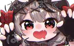  1girl animal_hood black_gloves blush_stickers chibi claw_pose drooling fang fingerless_gloves gloves grey_hair hair_ornament hairclip hololive hood looking_at_viewer medium_hair mouth_drool nabe_(nabe_otome) open_mouth orca_hood red_eyes sakamata_chloe solo virtual_youtuber x_hair_ornament 