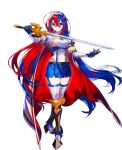  1girl alear_(fire_emblem) alear_(fire_emblem)_(female) armor bangs blue_eyes blue_hair blush boots braid breasts cape character_name crossed_bangs crown_braid fire_emblem fire_emblem_engage full_body gloves heterochromia highres holding holding_sword holding_weapon jewelry long_hair medium_breasts mika_pikazo multicolored_hair official_art pointy_footwear red_eyes redhead smile solo split-color_hair sword tiara two-tone_hair very_long_hair weapon white_background 