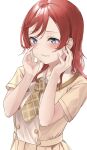  1girl bangs blue_eyes blush brown_necktie buttons clenched_teeth collared_shirt commentary double-breasted embarrassed hands_on_own_cheeks hands_on_own_face highres looking_at_viewer love_live! love_live!_superstar!! necktie plaid_necktie redhead shinyoujurin shirt short_sleeves simple_background skirt solo swept_bangs teeth upper_body white_background yellow_shirt yellow_skirt yoneme_mei 