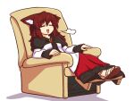  1girl =3 =_= animal_ear_fluff animal_ears blush brooch brown_footwear brown_hair chair closed_eyes commentary dress english_commentary full_body hair_between_eyes imaizumi_kagerou jewelry long_dress long_hair long_sleeves multicolored_clothes multicolored_dress open_mouth recliner red_dress sandals shadow shoujo_kitou-chuu simple_background sitting sleeves_past_wrists smile solo touhou white_background white_dress wolf_ears wool_(miwol) 