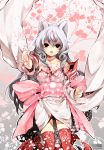  amaterasu animal_ears bow cherry_blossoms flower japanese_clothes kaze-hime kimono long_hair okami personification petals solo tail thigh-highs thighhighs very_long_hair white_hair wide_sleeves wolf_ears wolf_tail 