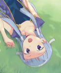  1girl blue_hair grass highres kannagi looking_at_viewer lying nagi open_mouth purple_eyes smile solo 