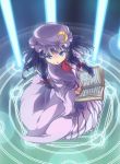  1girl :o blue_background blue_eyes book bow crescent double_bun dress from_above hair_bow highres laser long_hair long_sleeves looking_at_viewer magic_circle mob_cap open_book outstretched_arm patchouli_knowledge payot purple_hair robe shinonome_haru solo touhou wide_sleeves 