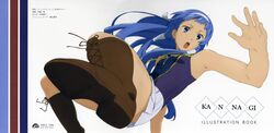  1girl armpits blue_hair copyright_name fixed highres kadowaki_satoshi kannagi nagi open_mouth purple_eyes solo 