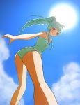  ass bad_id casual_one-piece_swimsuit drill_hair frilled_swimsuit frills from_below galaxy_angel green_hair highres lens_flare long_hair looking_back looking_down nyama one-piece_swimsuit outstretched_arm perspective ponytail reaching red_eyes sun swimsuit vanilla_h 